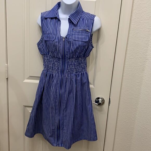 J Glee Petite Large Zippered Front Collar Short Sleeve 2 Pockets Slimming Stripe - Picture 2 of 12